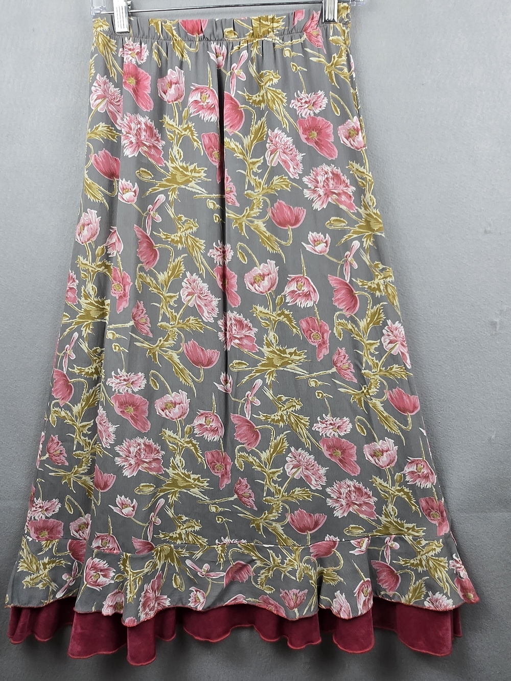 Vintage Nicole Marie Floral Rayon Maxi Skirt Small Gray Pink Velvet Trim Boho